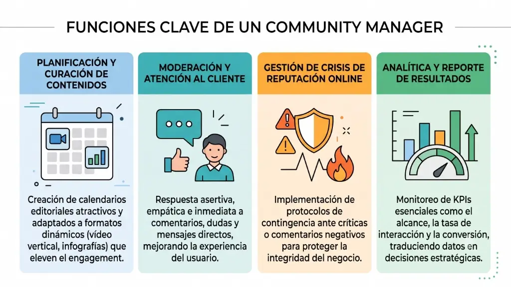 Infografía: Funciones clave de un Community Manager con 4 pilares.