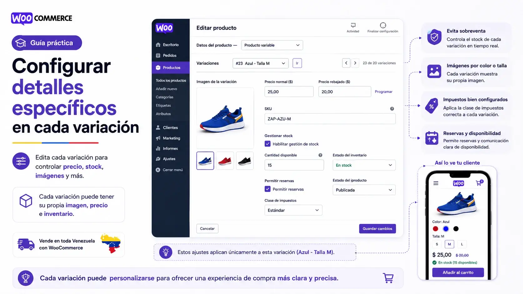 Configuración de variaciones de productos en WooCommerce para tiendas online.