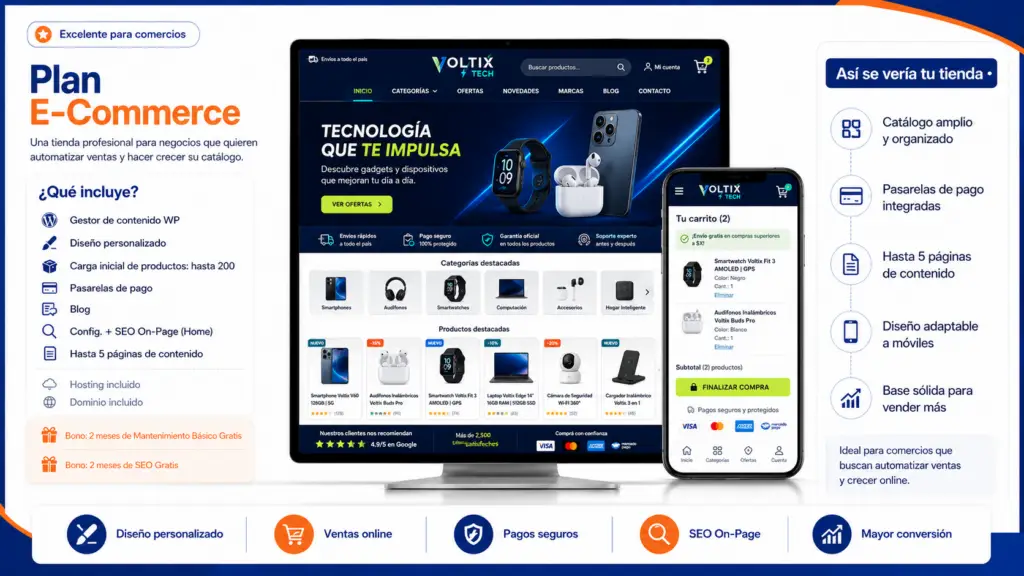 Publicidad de Plan E-Commerce con diseño web profesional y adaptable.