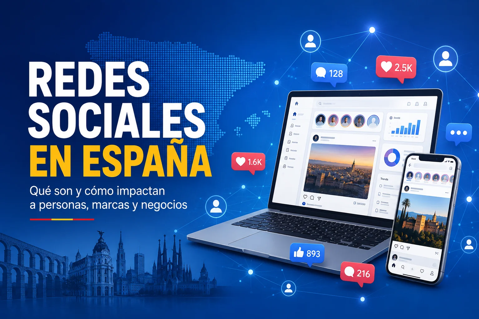 Infografía sobre el impacto de las redes sociales en España.